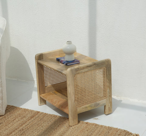 Fair Rattan Sides Wood Side Table with Two Shelves