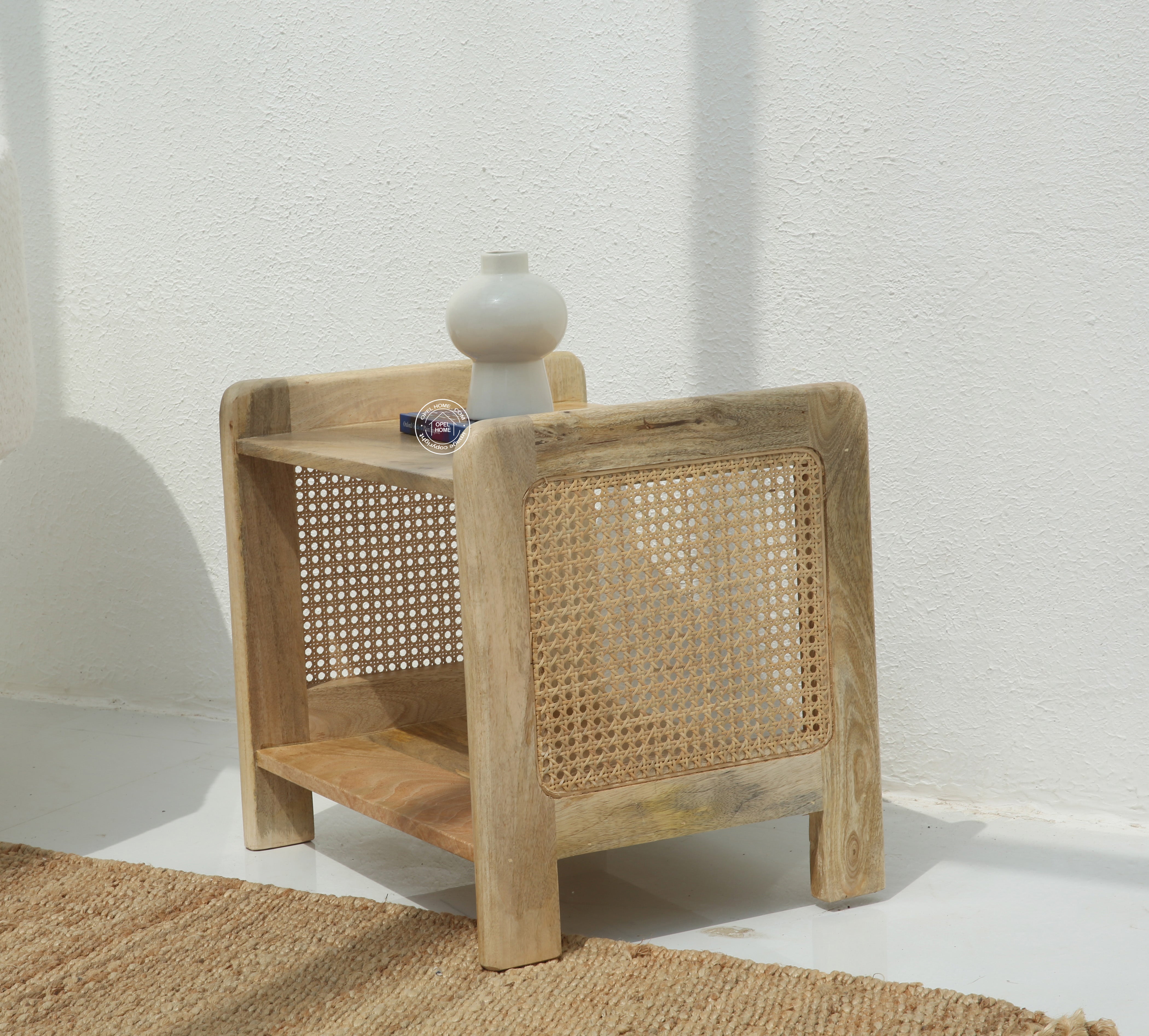 Fair Rattan Sides Wood Side Table with Two Shelves
