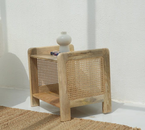 Fair Rattan Sides Wood Side Table with Two Shelves
