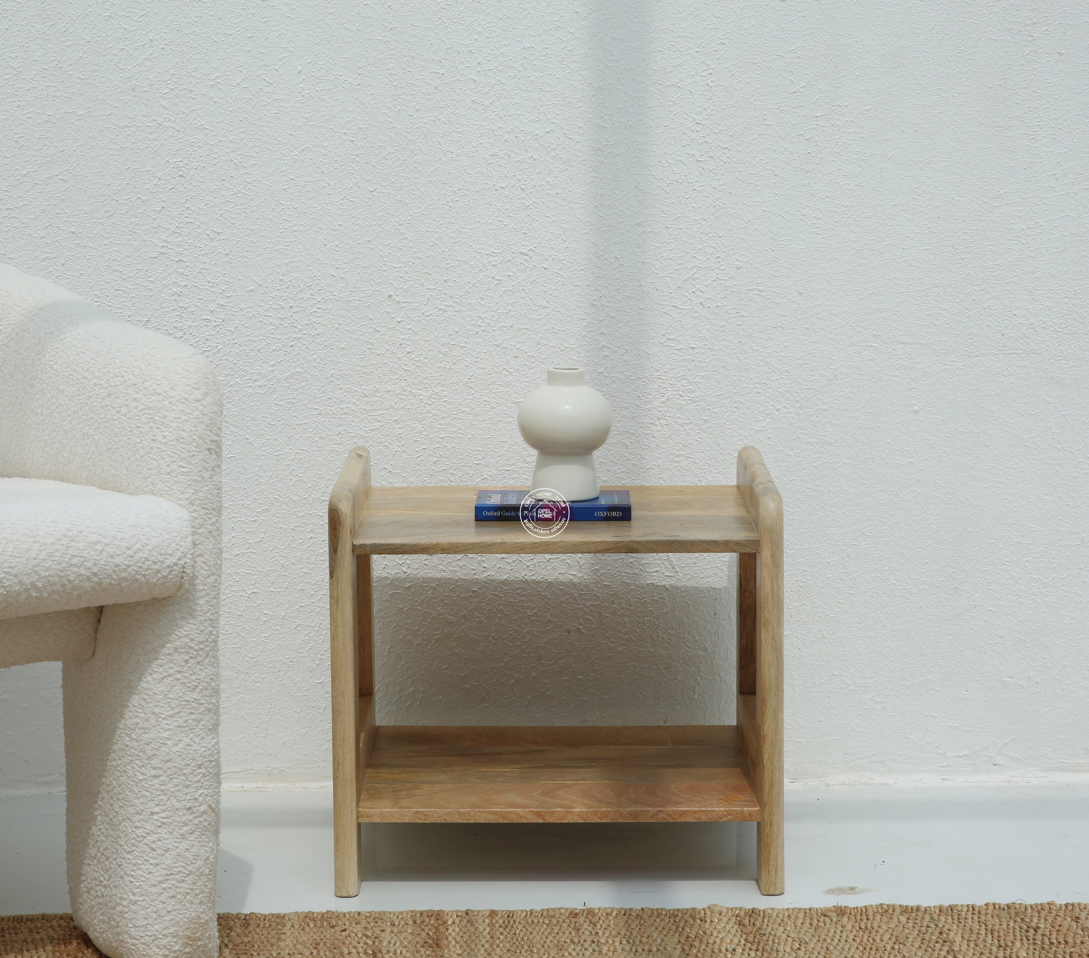 Fair Rattan Sides Wood Side Table with Two Shelves