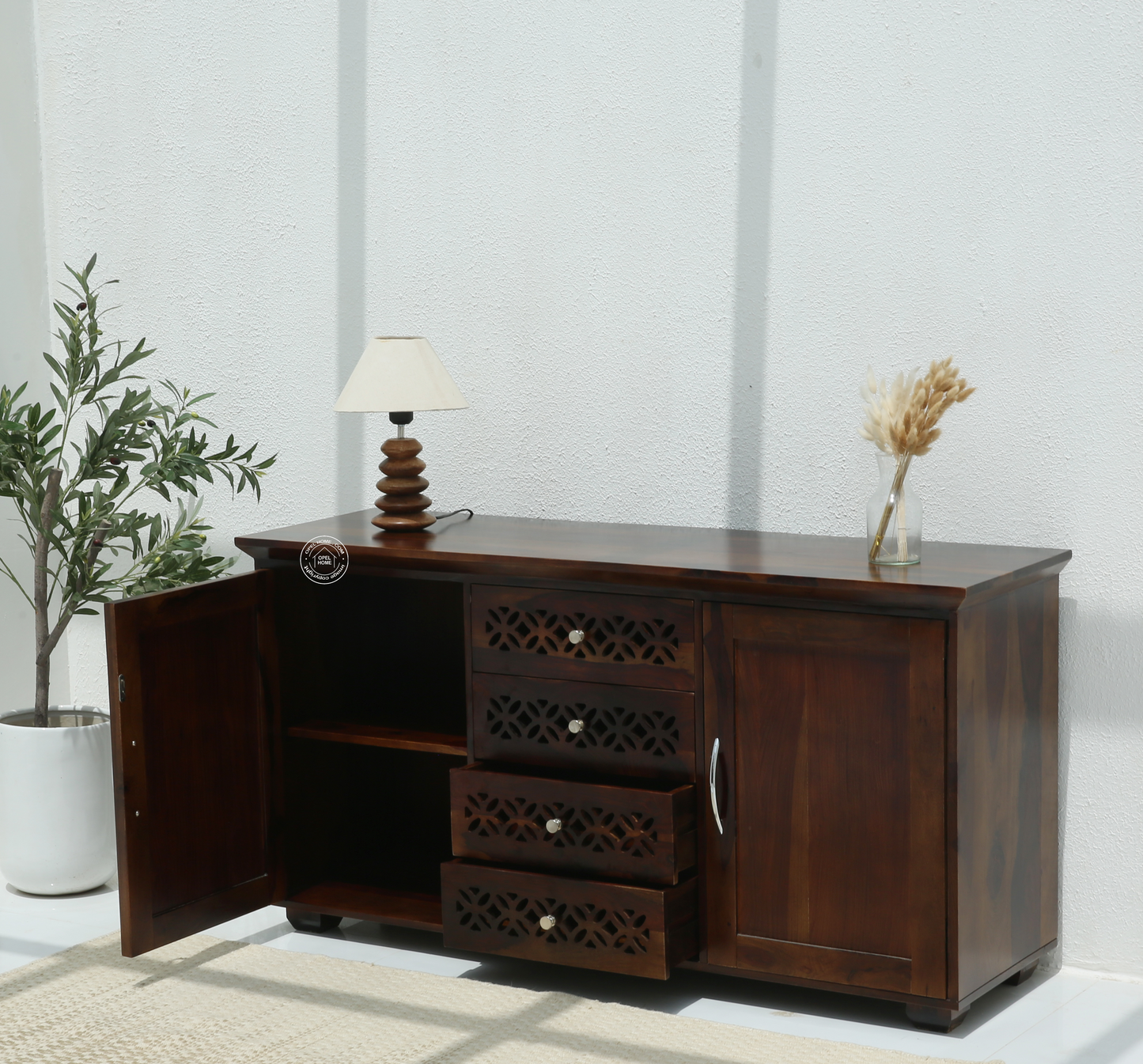 French Wooden 2 Door 4 Drawer Sideboard – Solid Rosewood Walnut Finish Storage Cabinet | Opelhome UAE