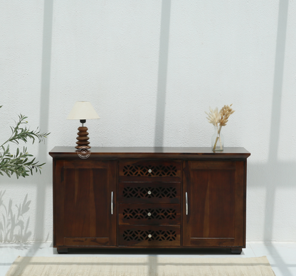 French Wooden 2 Door 4 Drawer Sideboard – Solid Rosewood Walnut Finish Storage Cabinet