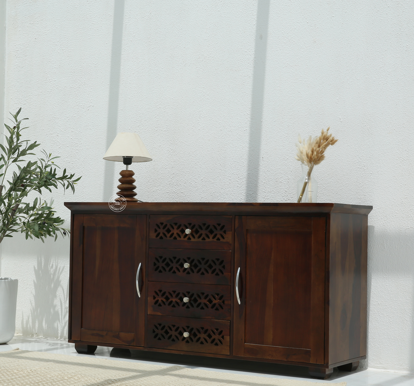 French Wooden 2 Door 4 Drawer Sideboard – Solid Rosewood Walnut Finish Storage Cabinet | Opelhome UAE