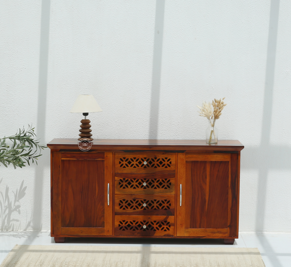 French Wooden 2 Door 4 Drawer Sideboard – Solid Rosewood Honey Finish Storage Cabinet  | Opelhome UAE