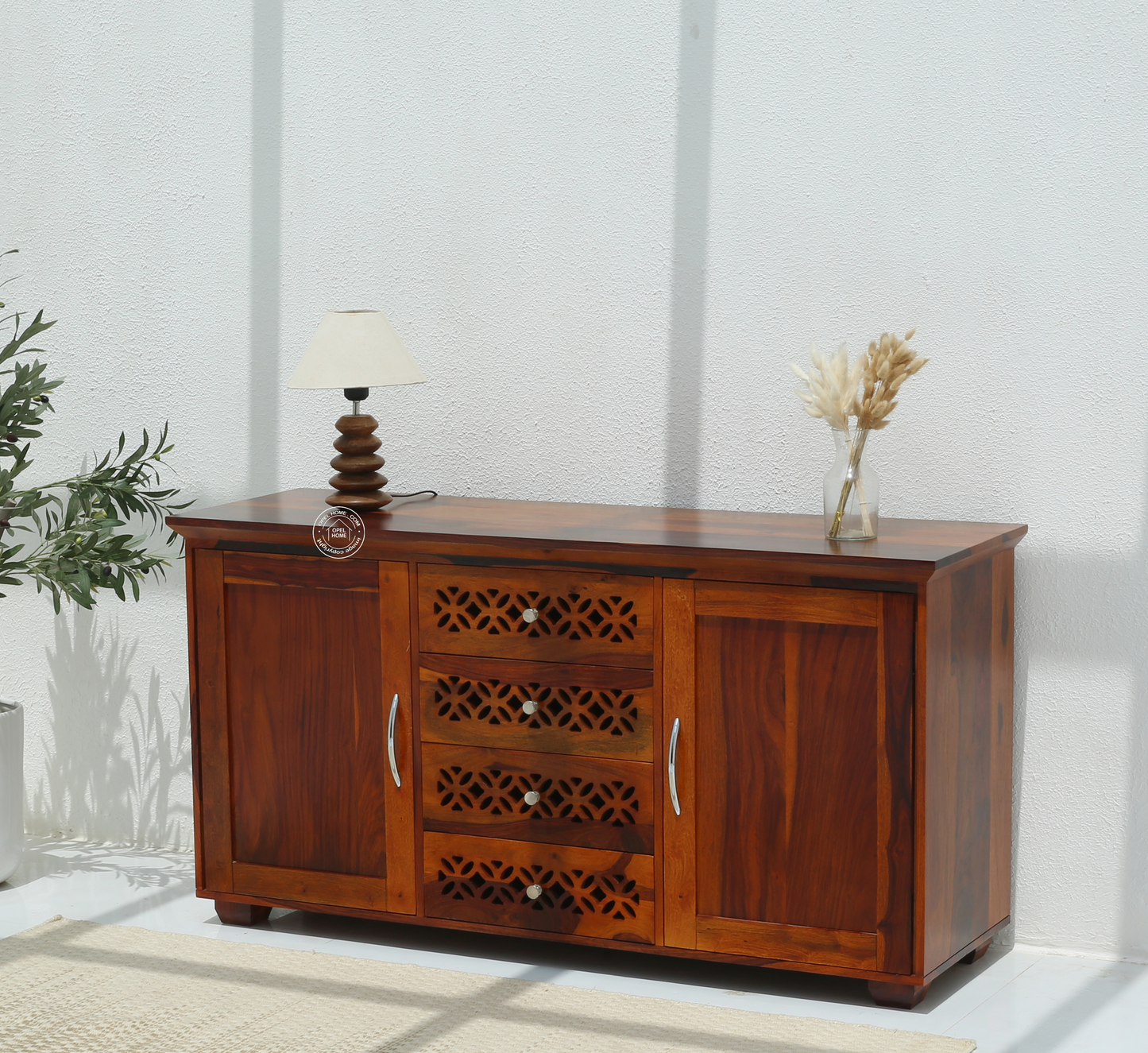 French Wooden 2 Door 4 Drawer Sideboard – Solid Rosewood Honey Finish Storage Cabinet  | Opelhome UAE