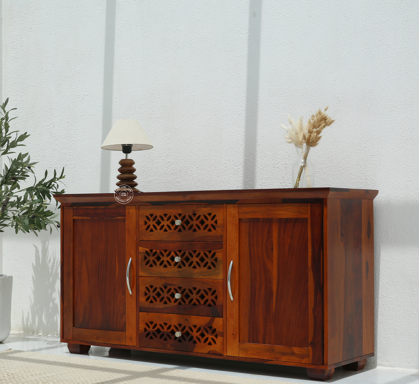 French Wooden 2 Door 4 Drawer Sideboard – Solid Rosewood Honey Finish Storage Cabinet  | Opelhome UAE