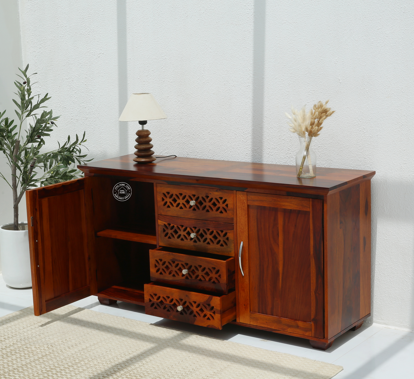 French Wooden 2 Door 4 Drawer Sideboard – Solid Rosewood Honey Finish Storage Cabinet  | Opelhome UAE