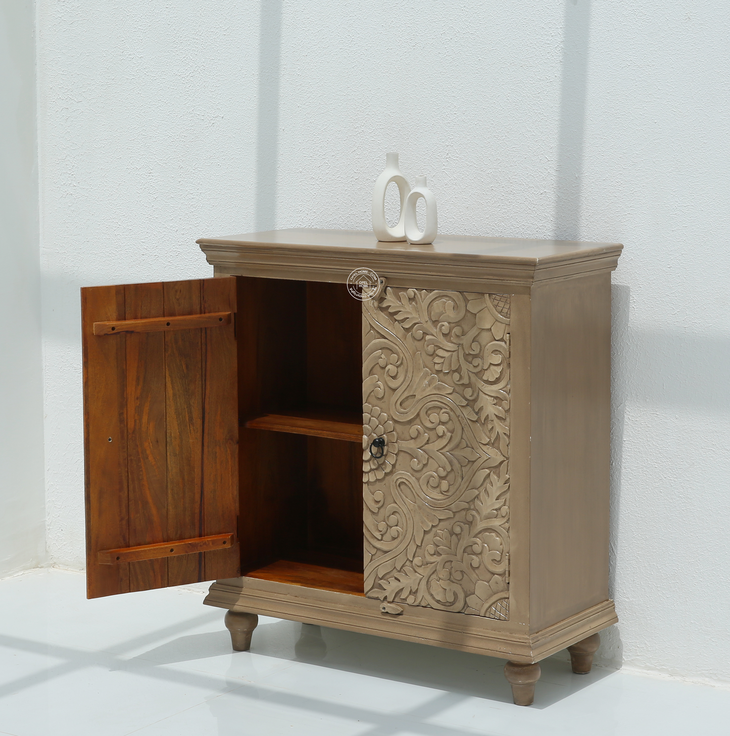 Bray Carved Mango Wood Cabinet - light brown finish | Opelhome UAE