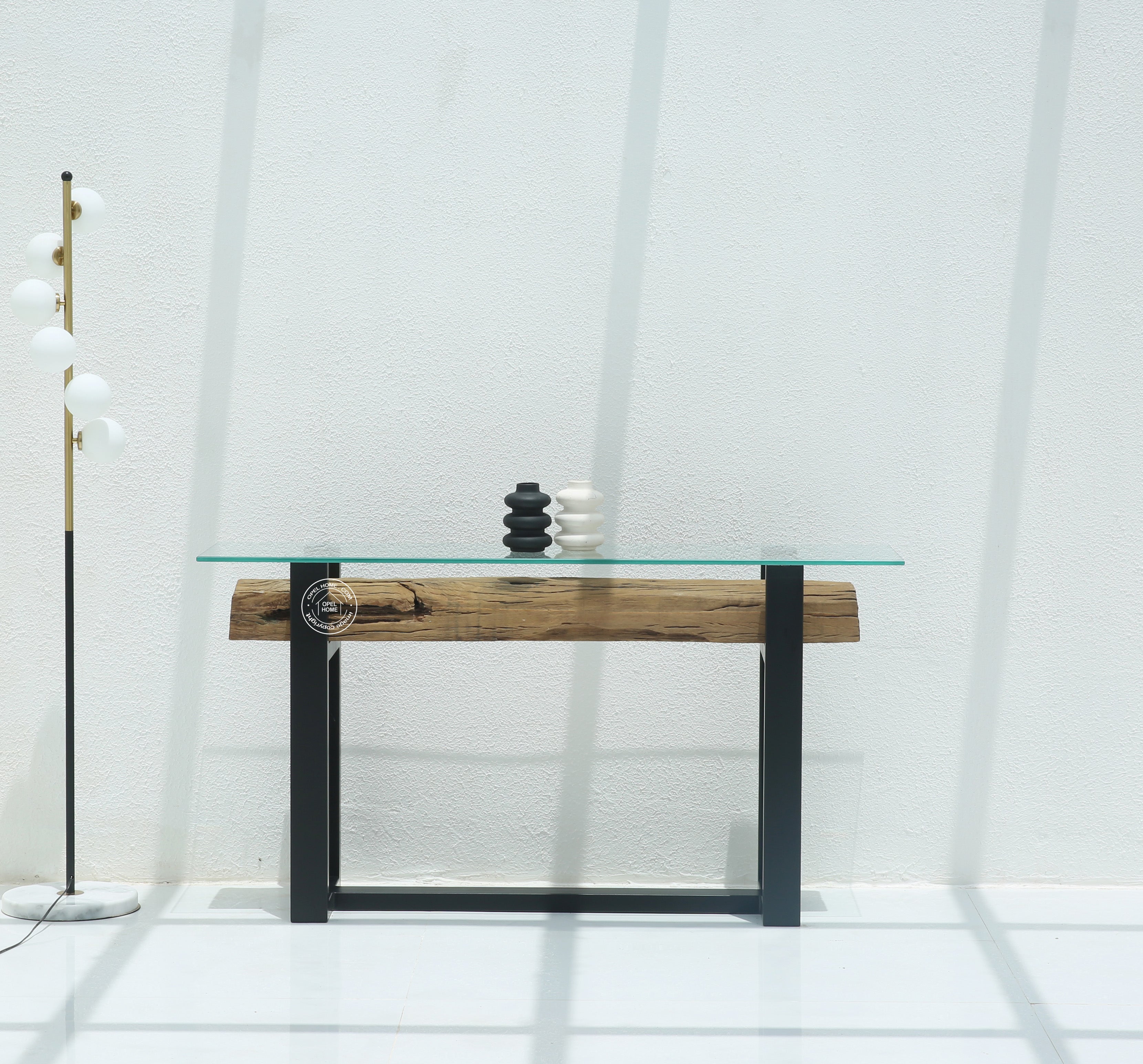 Brigett Railway Wood with Glass Top Console Table