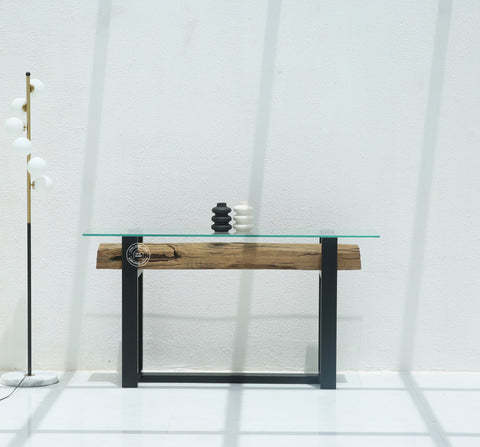 Brigett Railway Wood with Glass Top Console Table