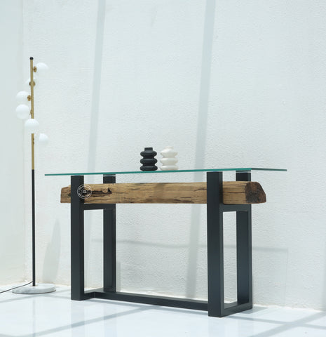 Brigett Railway Wood with Glass Top Console Table