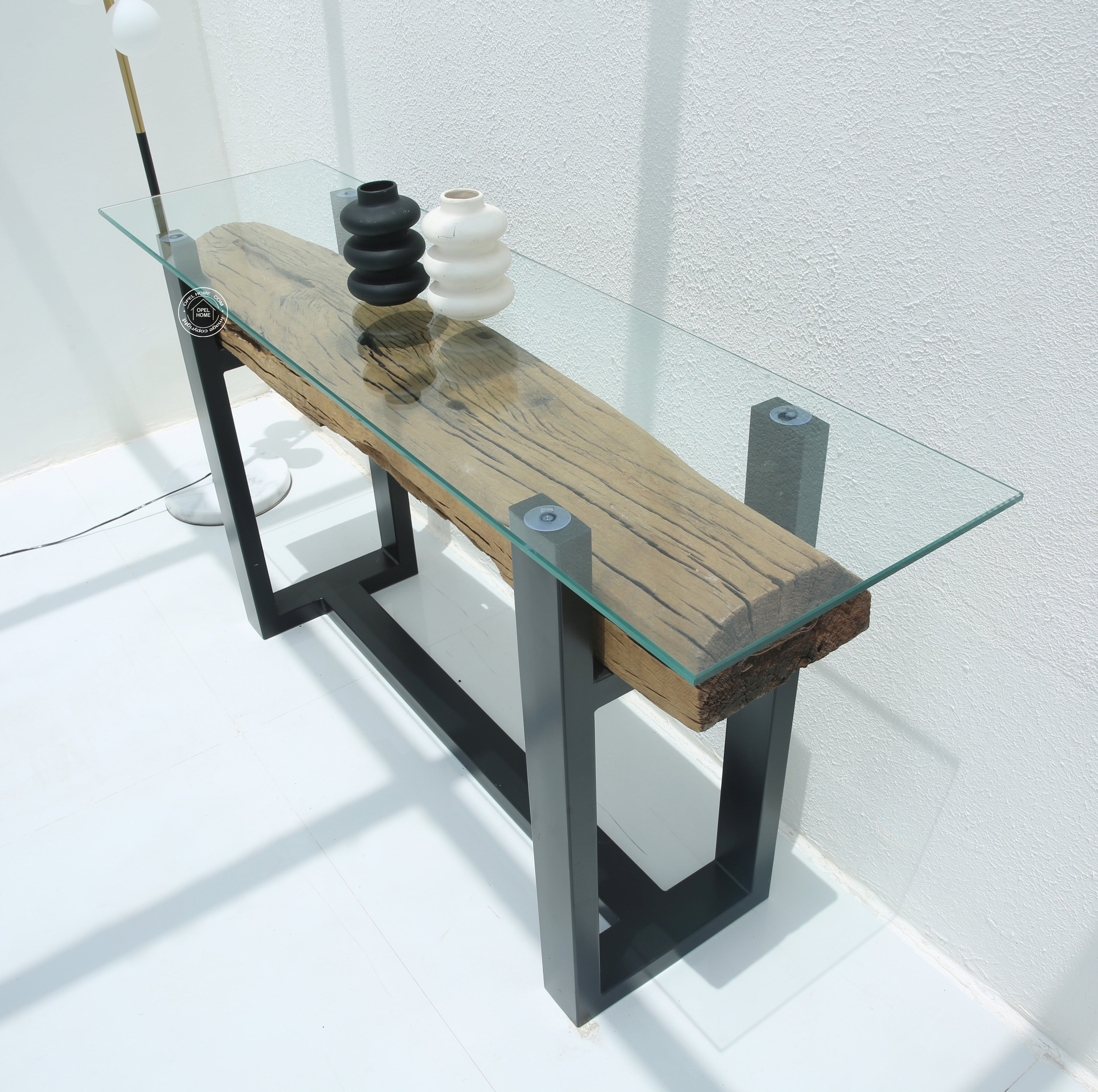 Brigett Railway Wood with Glass Top Console Table