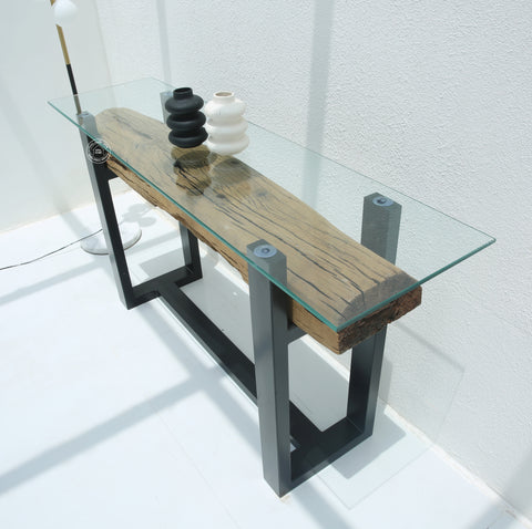 Brigett Railway Wood with Glass Top Console Table