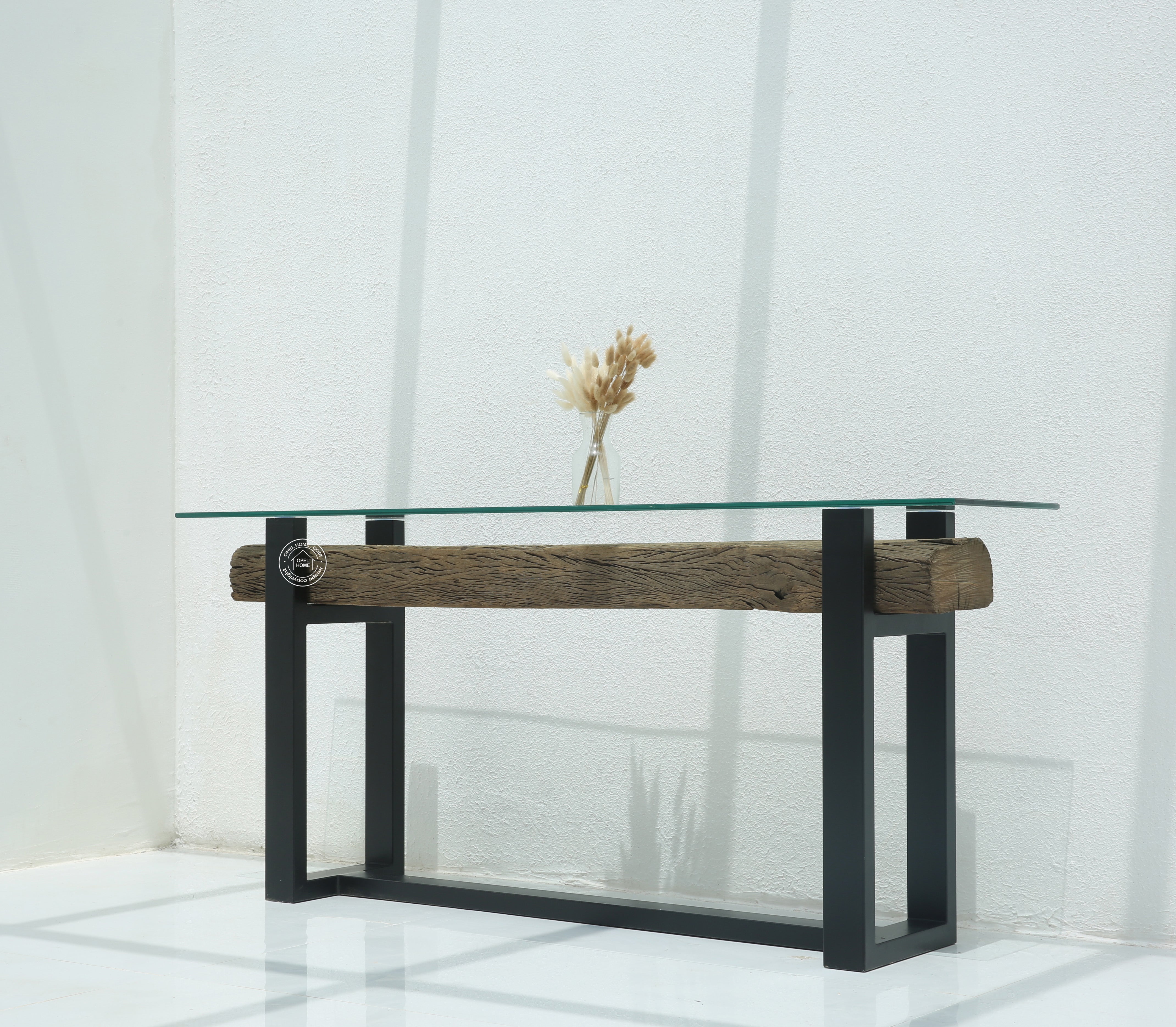 Brigett Railway Wood with Glass Top Console Table