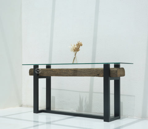 Brigett Railway Wood with Glass Top Console Table