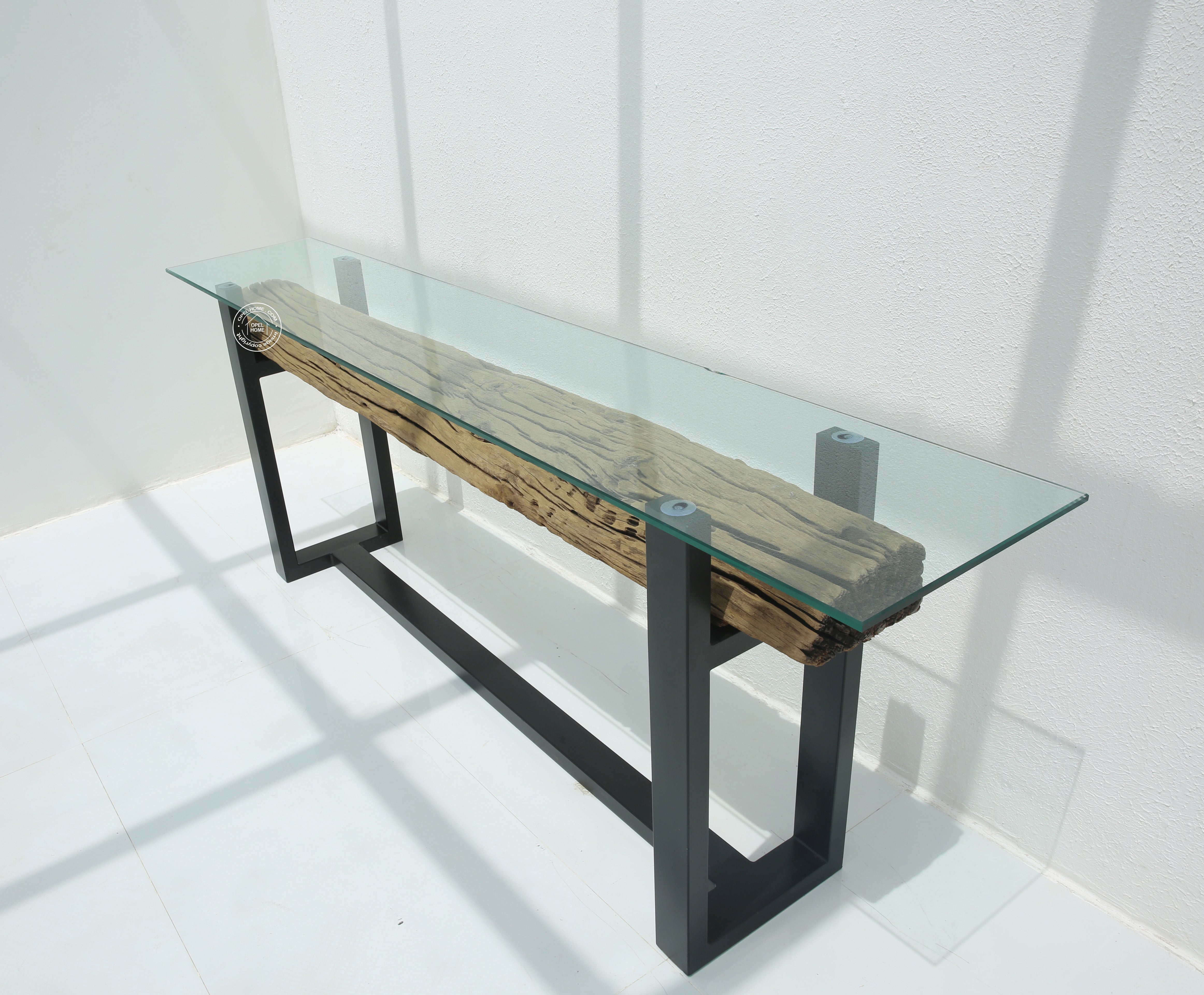 Brigett Railway Wood with Glass Top Console Table