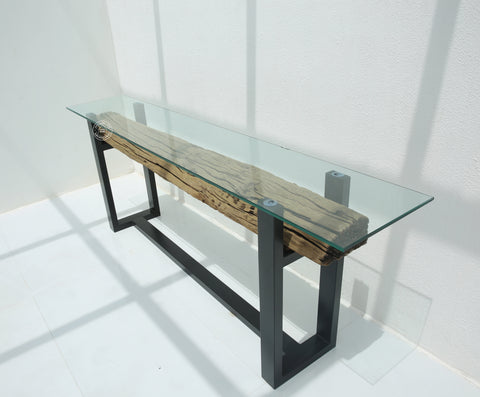 Brigett Railway Wood with Glass Top Console Table
