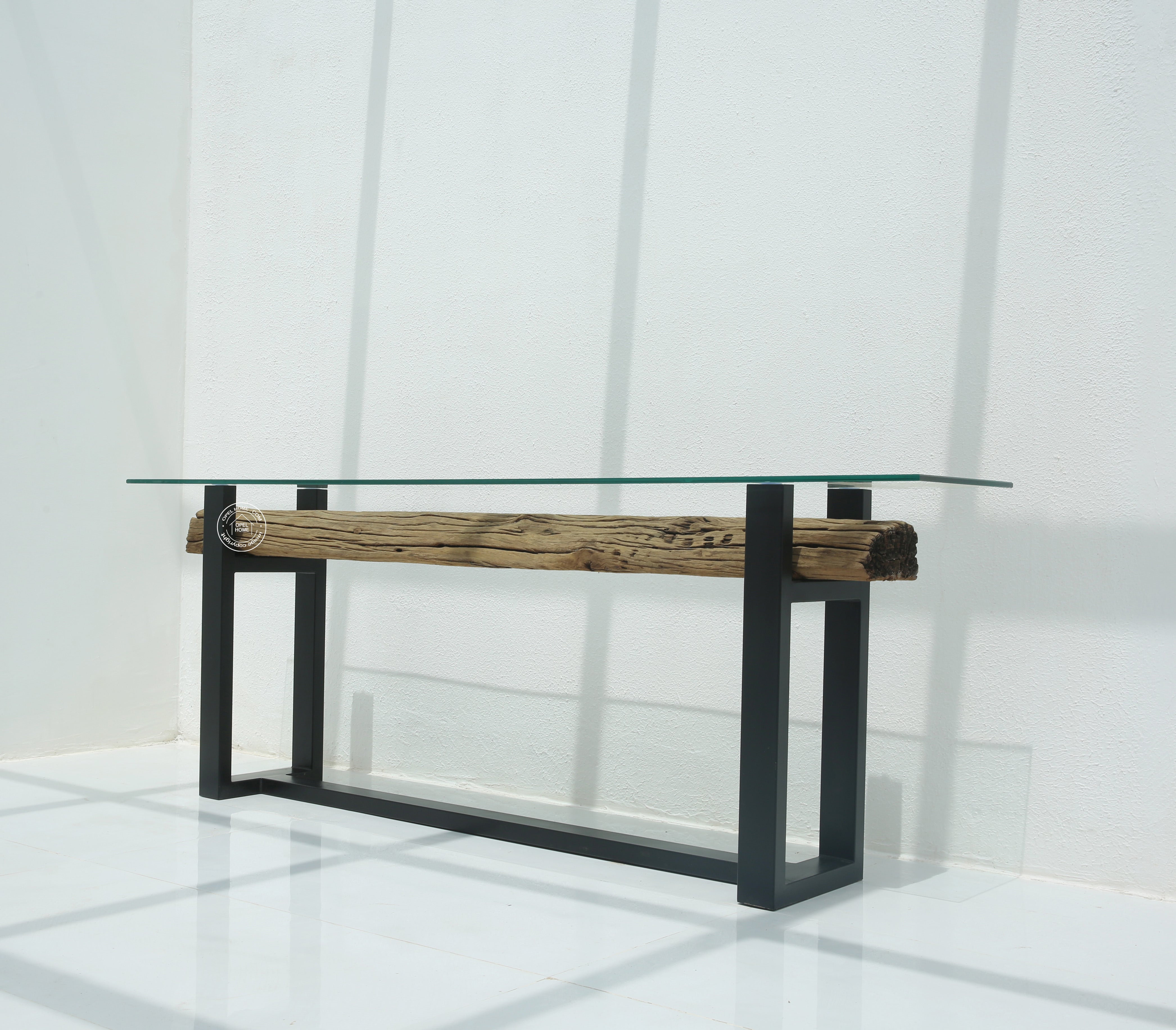 Brigett Railway Wood with Glass Top Console Table