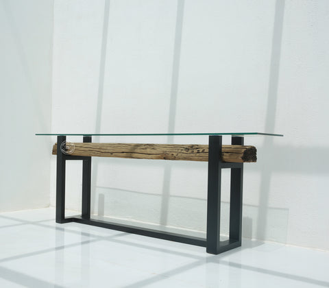 Brigett Railway Wood with Glass Top Console Table