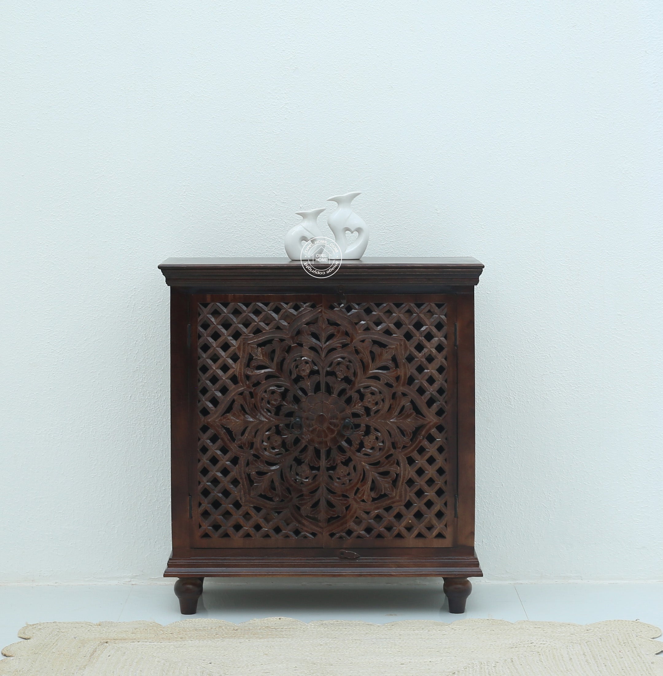 Crevan Wooden 2 Door Carved Shoe Rack