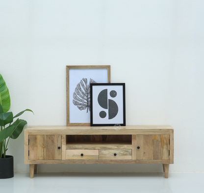 Mavrick Wooden Slat Door TV Unit – Solid Mango Wood , wood legs Natural Finish | Opelhome UAE