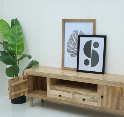 Mavrick Wooden Slat Door TV Unit – Solid Mango Wood , wood legs Natural Finish | Opelhome UAE
