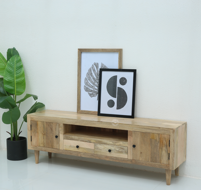 Mavrick Wooden Slat Door TV Unit – Solid Mango Wood , wood legs Natural Finish | Opelhome UAE