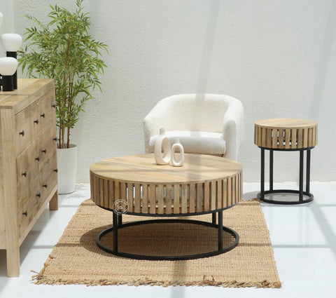 Rolling Wood Round Coffee Table with Black Metal Base