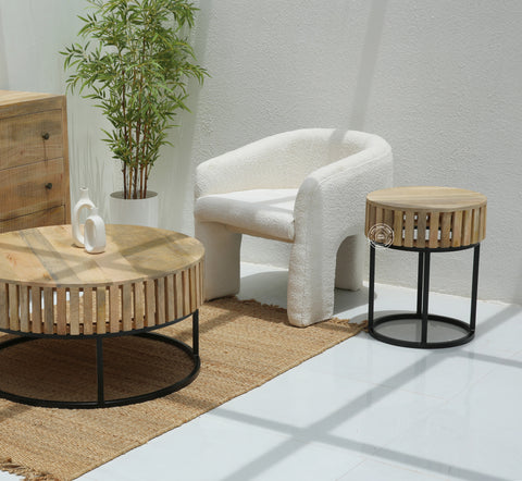 Rolling Wooden Round Side Table With Black Metal Base