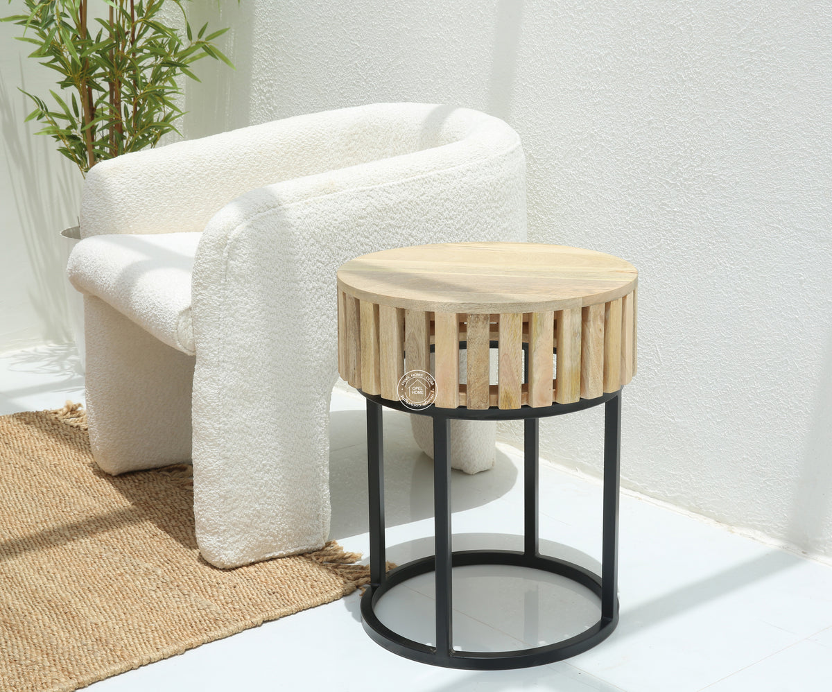 Rolling Wooden Round Side Table With Black Metal Base