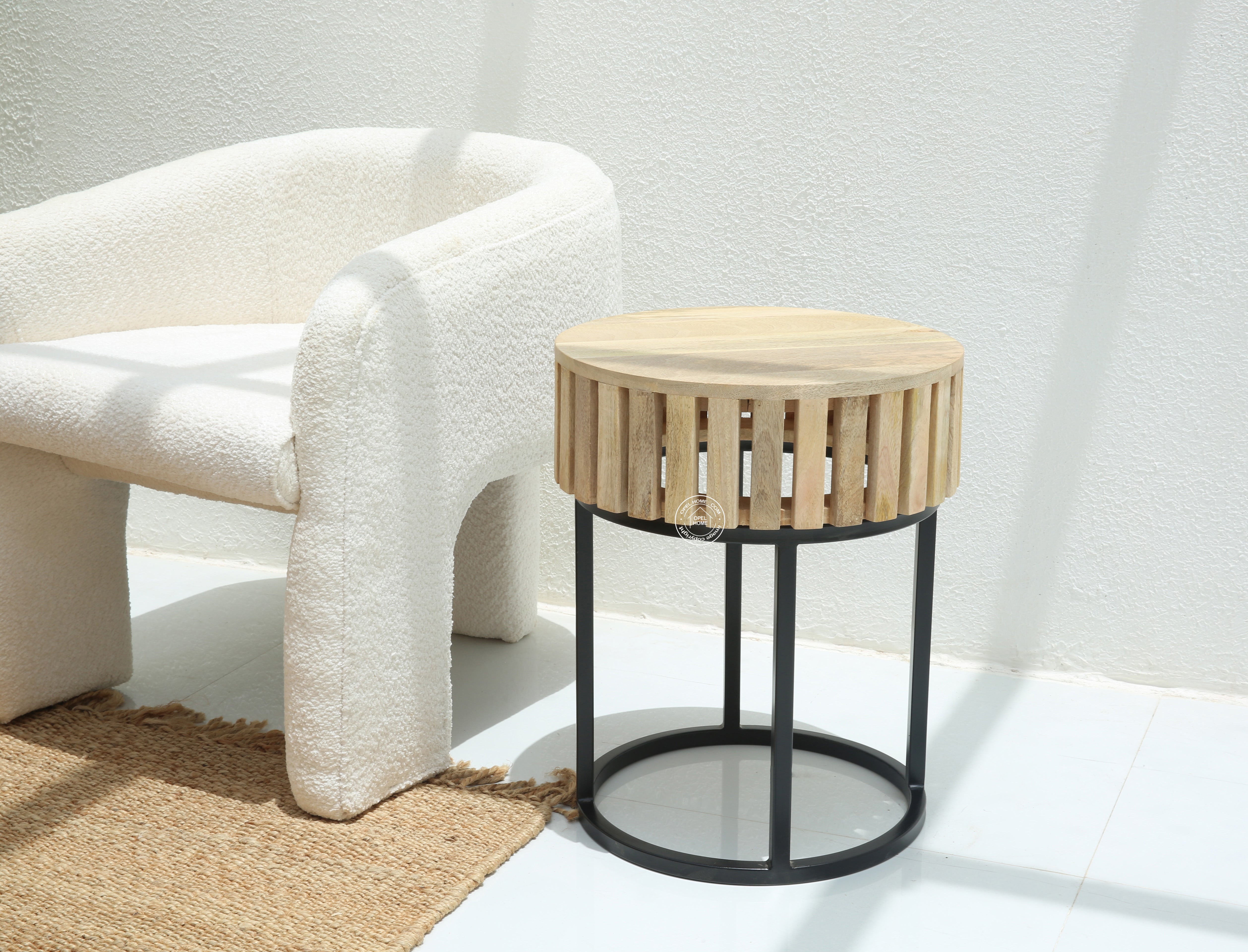 Rolling Wooden Round Side Table With Black Metal Base