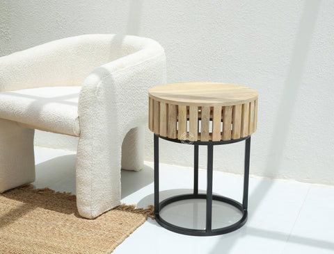 Rolling Wooden Round Side Table With Black Metal Base