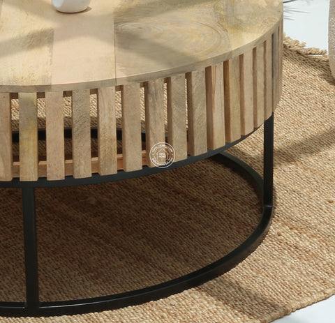 Rolling Wood Round Coffee Table with Black Metal Base