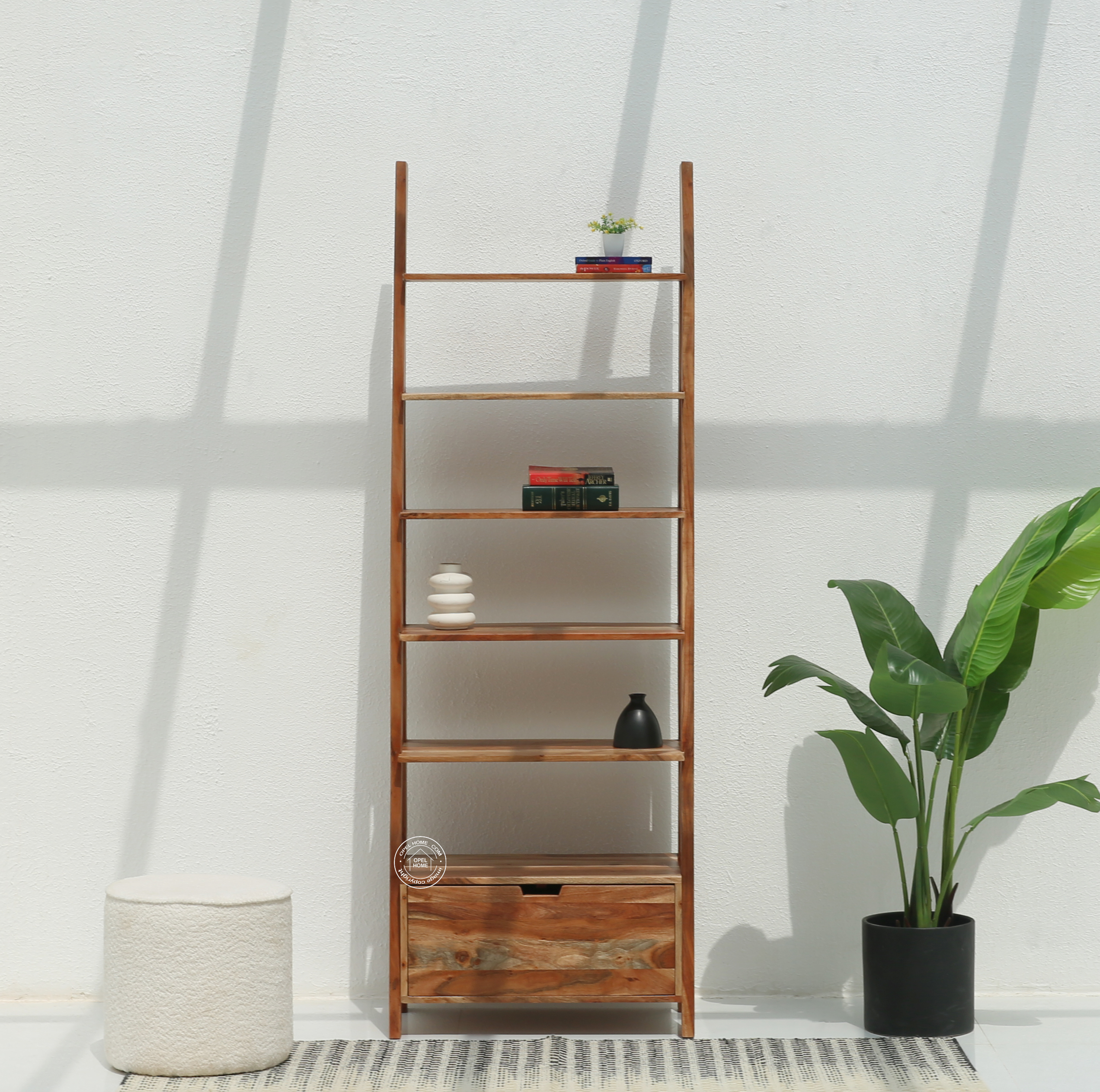 Alferd Ladder Acacia Wood Bookcase with Drawer | Opelhome UAE
