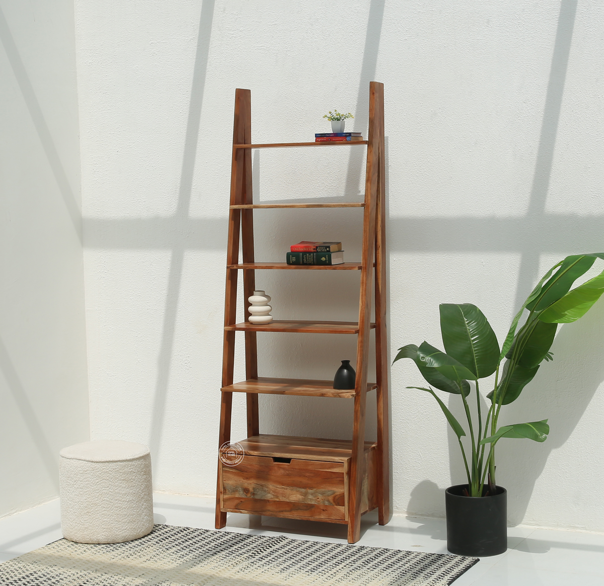 Alferd Ladder Acacia Wood Bookcase with Drawer | Opelhome UAE