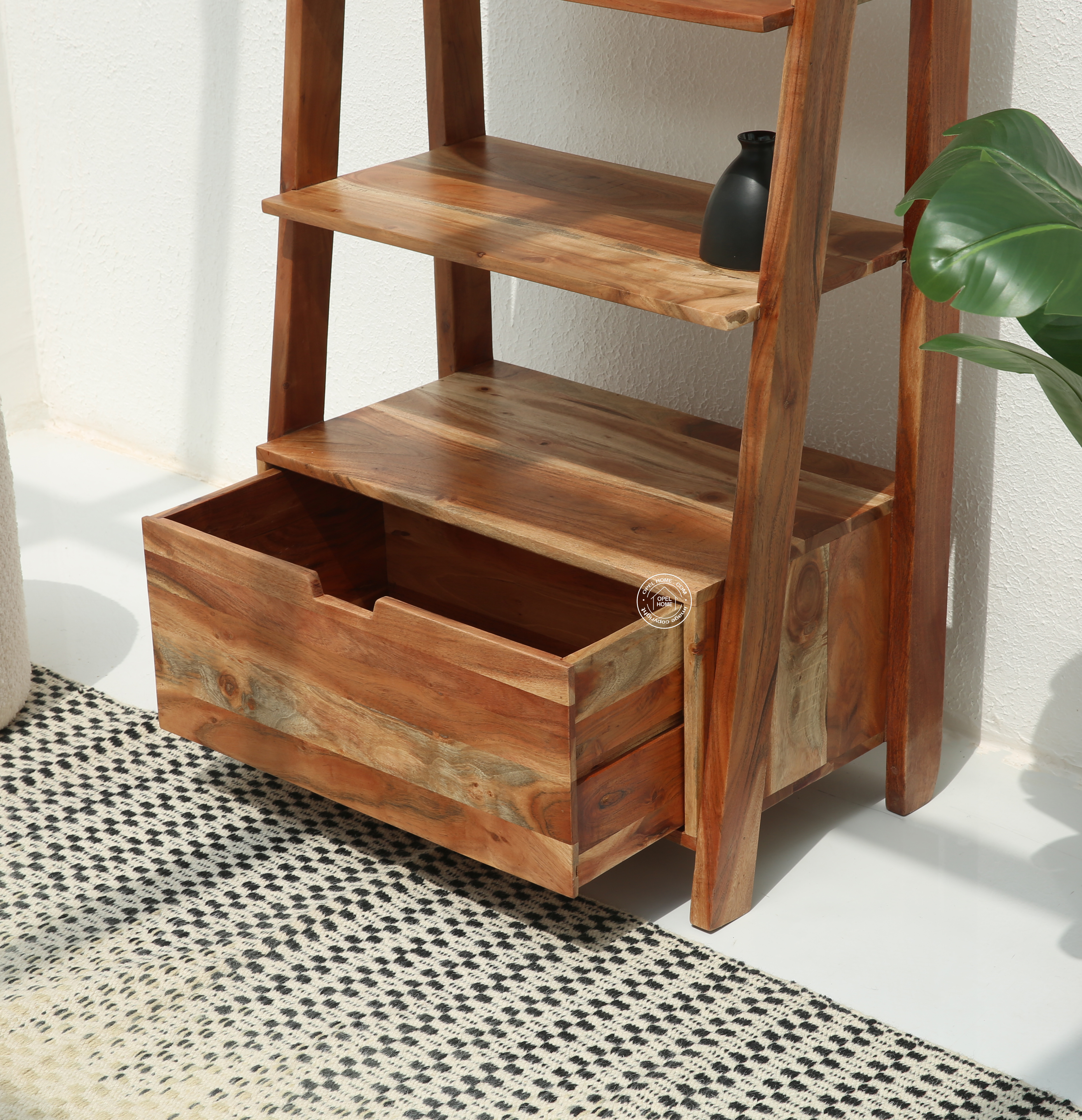 Alferd Ladder Acacia Wood Bookcase with Drawer | Opelhome UAE