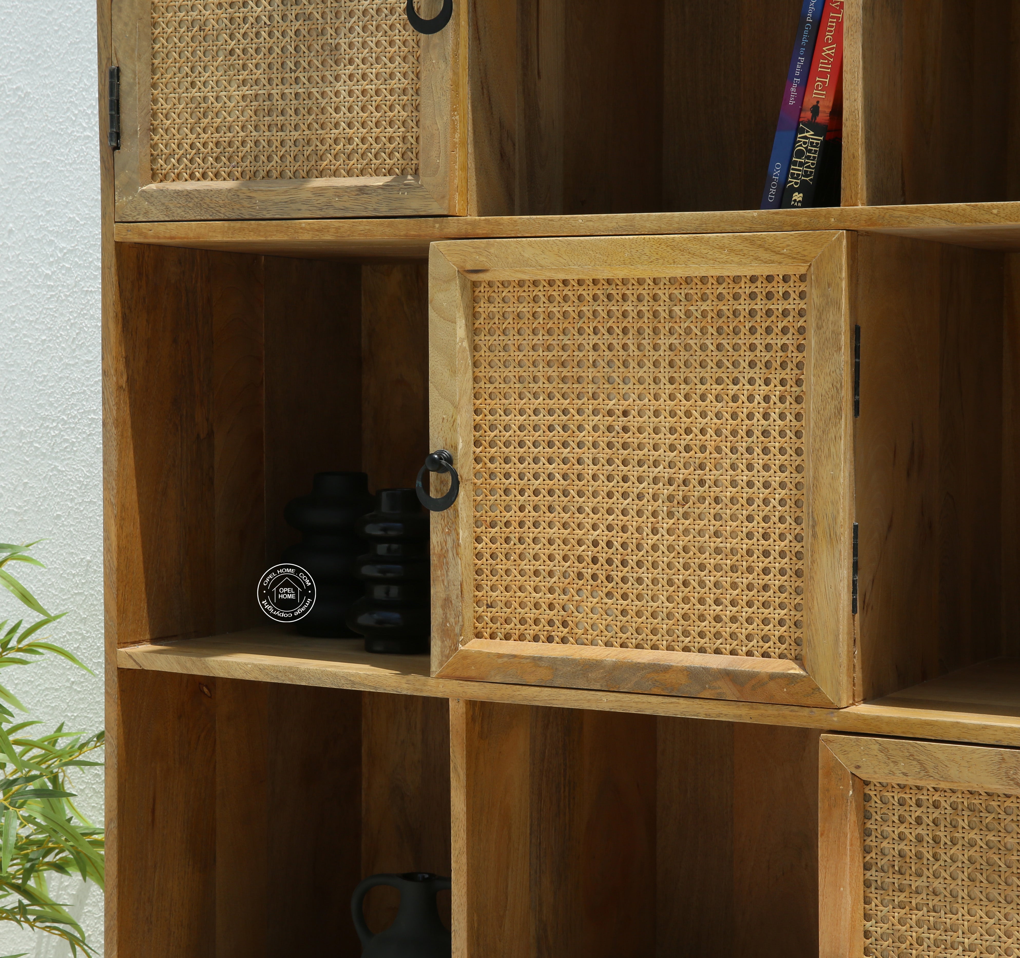 Clever Wooden Rattan Bookcase – Solid Wood, 200 cm, Natural Finish | Opelhome UAE