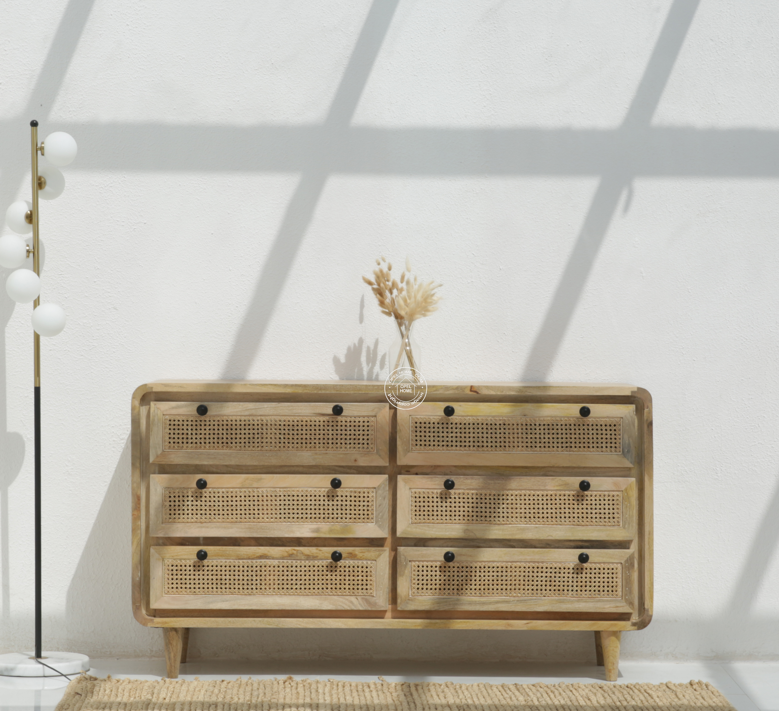 Limestone 6 Drawer Rattan Carved Chest Of Drawers