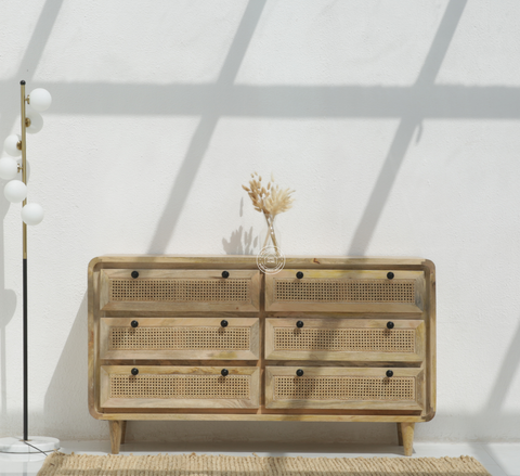 Limestone 6 Drawer Rattan Carved Chest Of Drawers