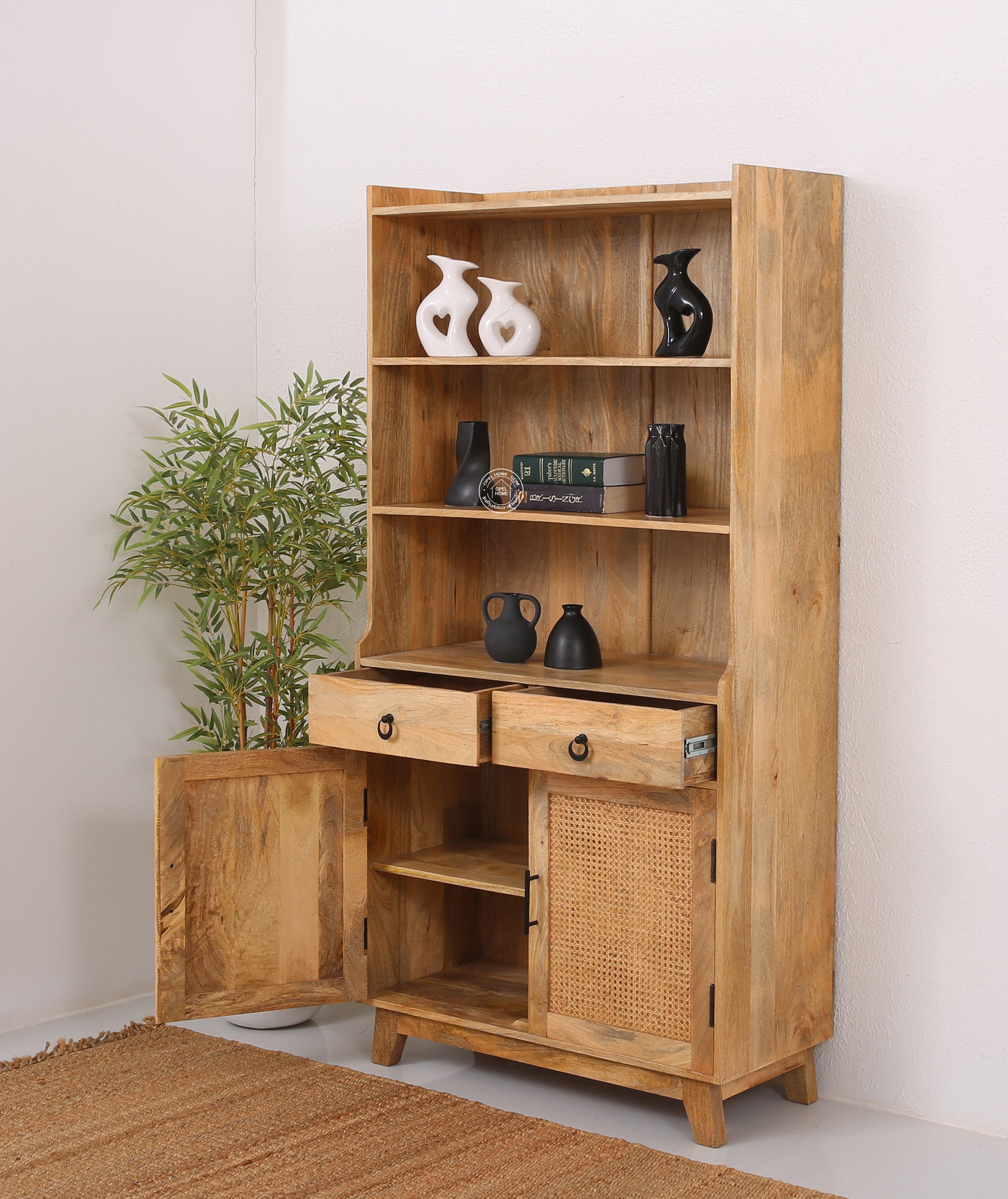 Abston Rattan Display Cabinet – Solid Wood, 180 cm | Opelhome UAE