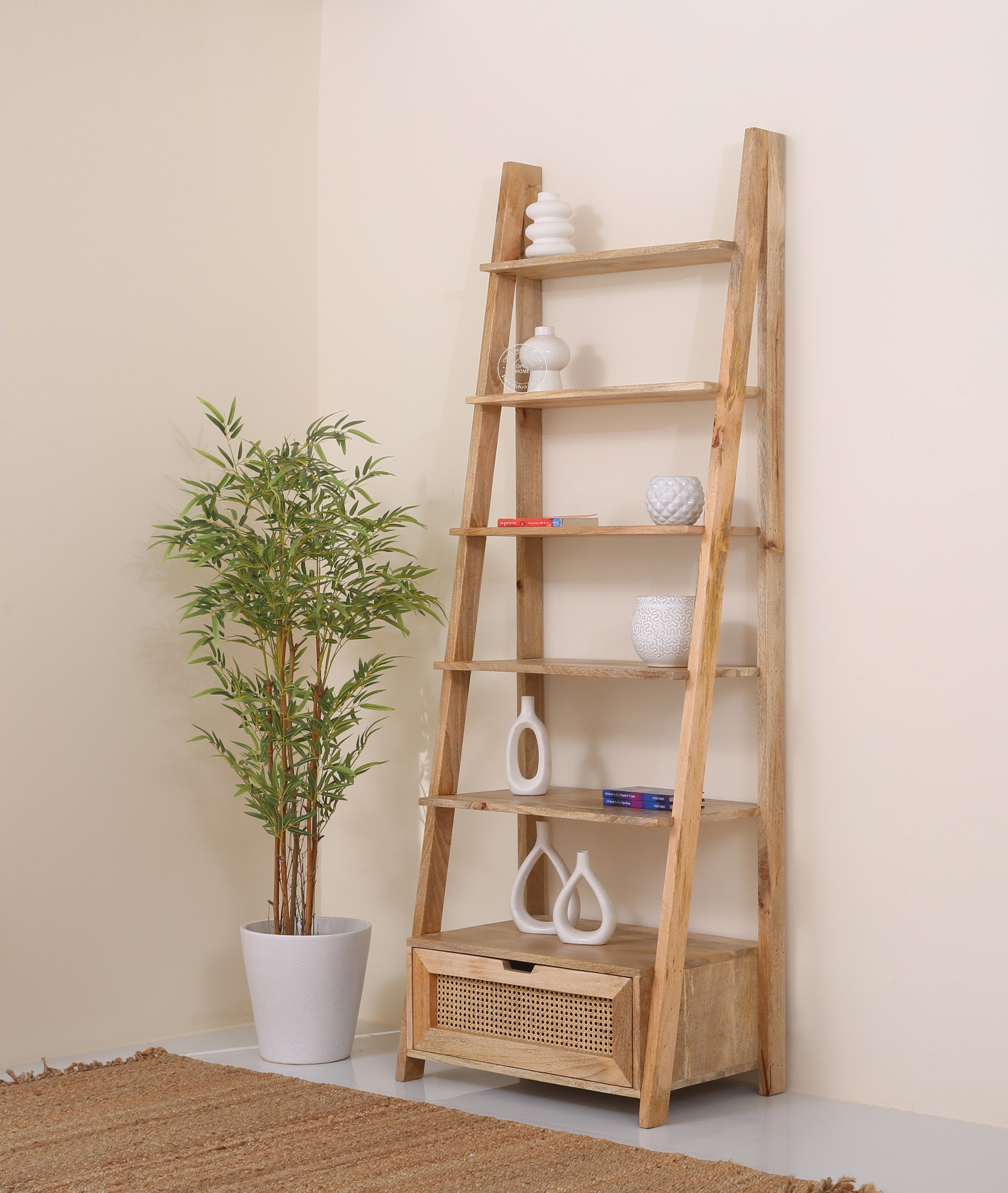 Foam Wooden Bookcase with Rattan Drawer – Solid Mango Wood, 200 cm | Opelhome UAE