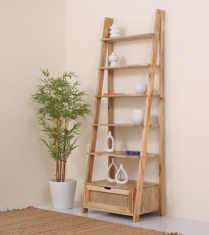 Foam Wooden Bookcase with Rattan Drawer – Solid Mango Wood, 200 cm | Opelhome UAE