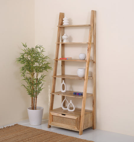 Foam Wooden Bookcase with Rattan Drawer – Solid Mango Wood, 200 cm | Opelhome UAE