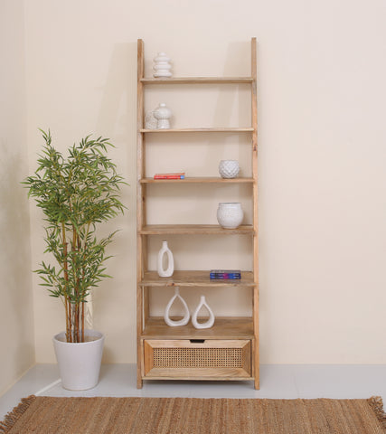 Foam Wooden Bookcase with Rattan Drawer – Solid Mango Wood, 200 cm | Opelhome UAE