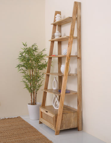 Foam Wooden Bookcase with Rattan Drawer – Solid Mango Wood, 200 cm | Opelhome UAE