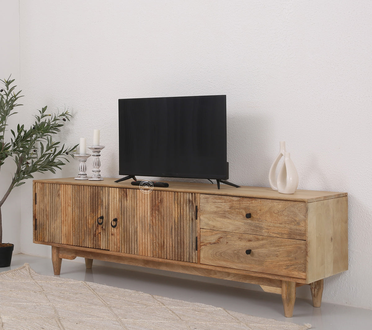 Forest Wooden Slat Door Media Unit