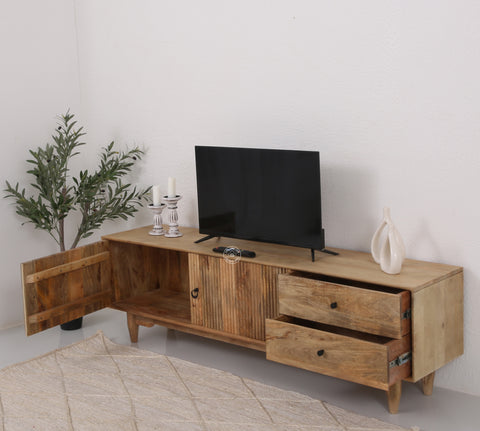 Forest Wooden Slat Door Media Unit