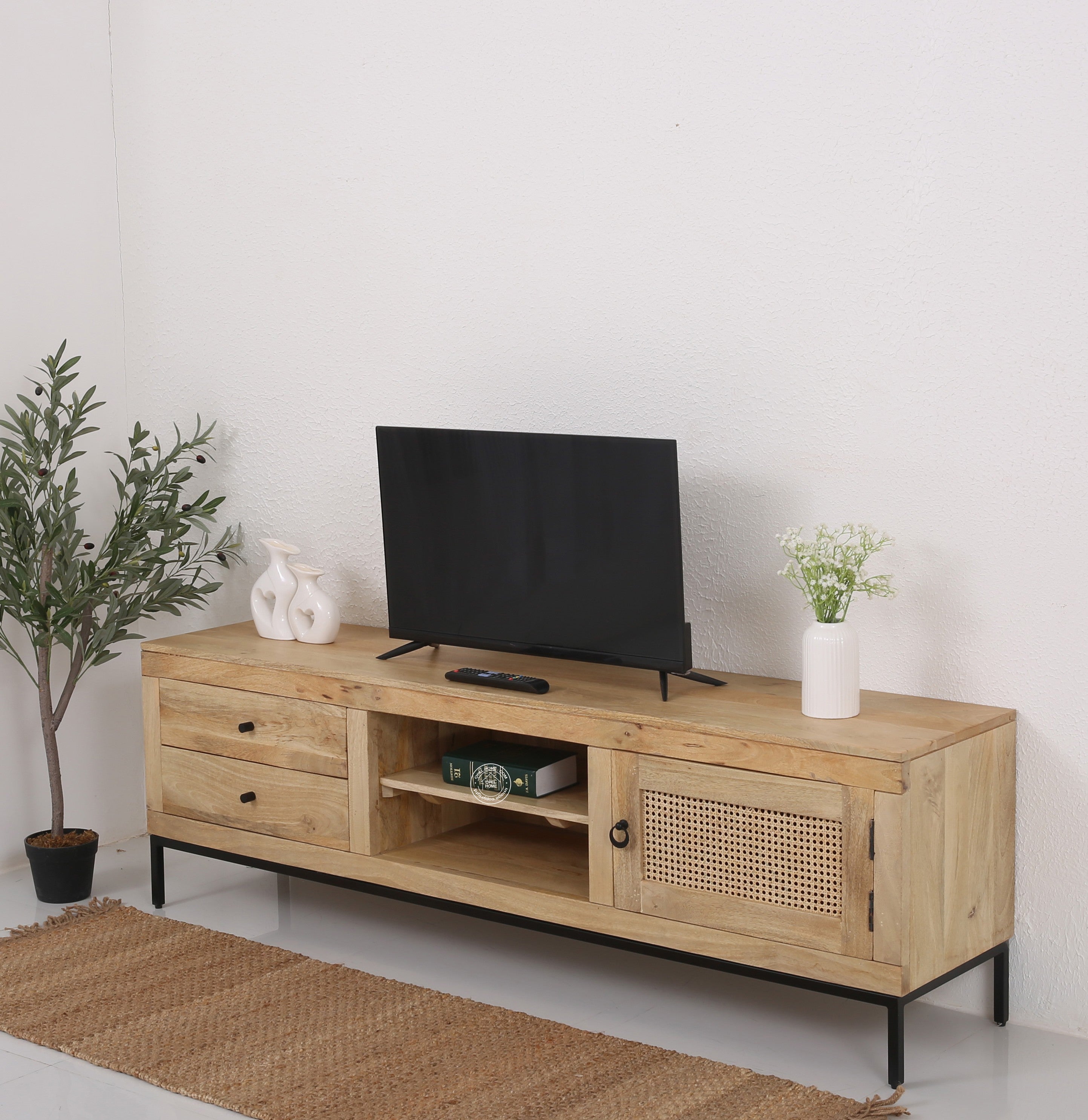 Simple Wooden Media Unit with 2-Shelves