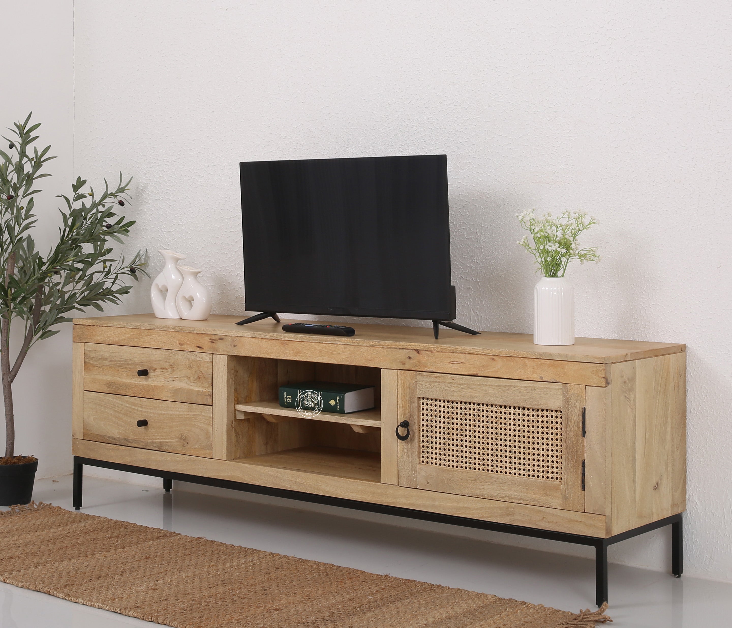 Simple Wooden Media Unit with 2-Shelves