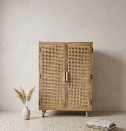 Presly Rattan 2 Door Shoe Rack – Solid Mango Wood Storage Cabinet | Natural Finish